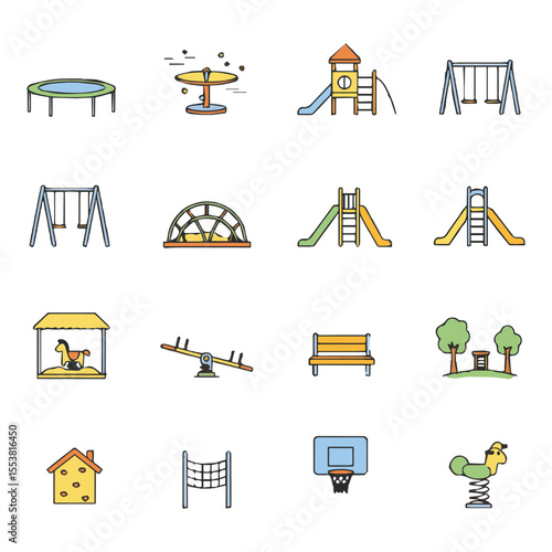 Colorful Playground Equipment Variety Featuring Swings, Slides, and Climbing Structures for Fun Outdoor Activities and Child Play