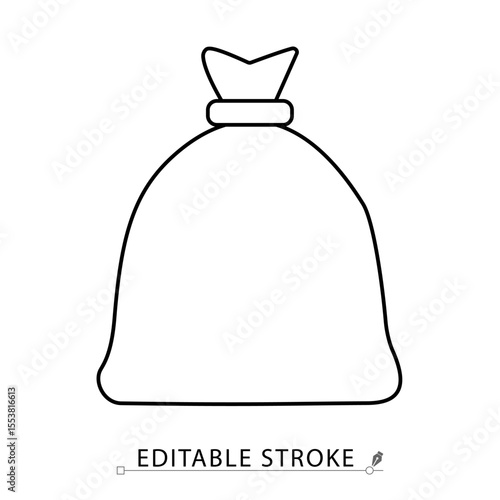 A trash bag icon in minimalist style with editable stroke. Garbage sack, waste disposal, plastic bag, cleaning object, sanitation symbol, rubbish container, outline illustration, vector icon.