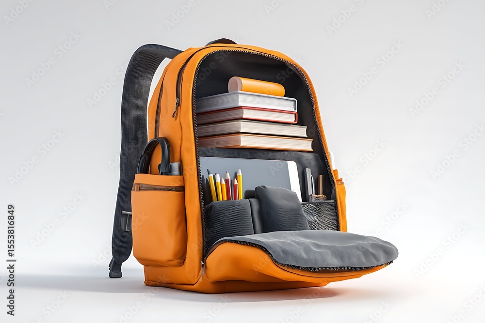 Fototapeta premium Backpack of Education: An open orange backpack is overflowing with school supplies, signifying preparation, learning, and scholastic pursuits.