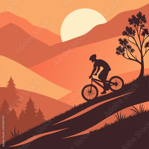 The sun sinks behind distant mountains while a biker coasts downhill, framed by fiery orange skies