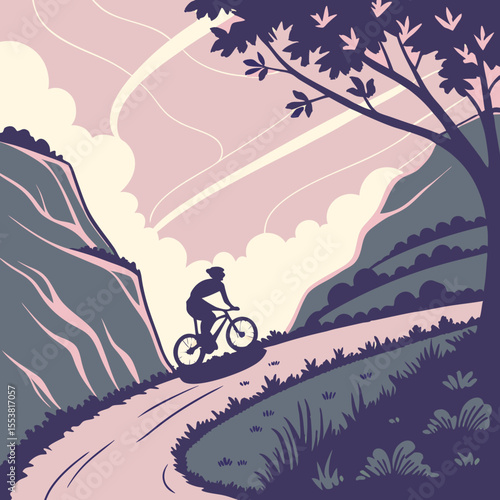 The trail snakes along the ridge while a mountain biker rides under streaks of pink and purple clouds