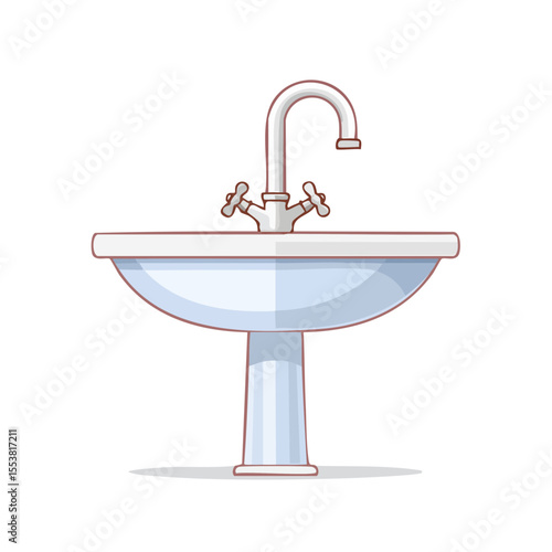 Illustration of a White Pedestal Sink with Faucet, Bathroom Fixture