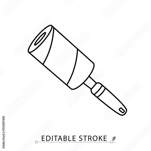 A lint roller icon in minimalist style with editable stroke. Clothing care, wardrobe cleaning tool, fabric brush, household accessory, textile maintenance, outline drawing, vector line illustration.