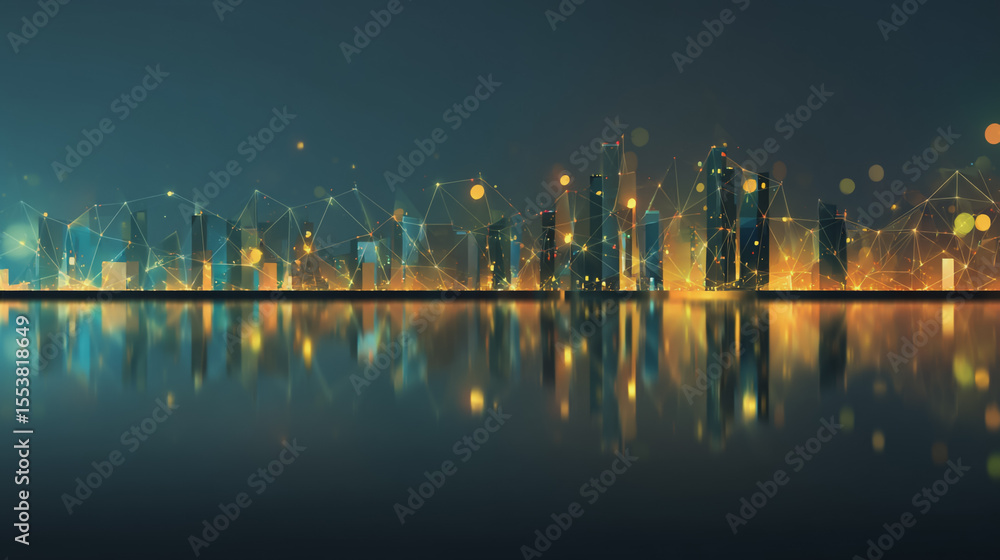 Fototapeta premium Smart city with connection network reciprocity over the cityscape social media networking systems that connects on the peak of success amid tall, innovative Smart city and graphs with statistics