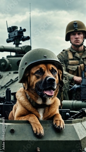 Dog in Military Tank Costume with Helmet on Field