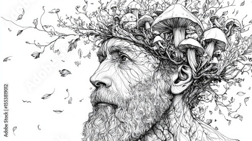 A detailed ink drawing of a man with a head full of mushrooms and foliage.