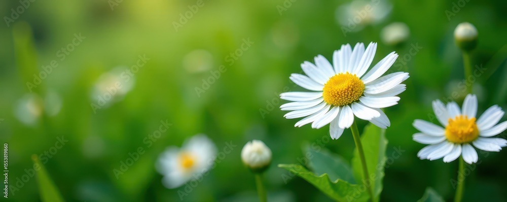 Fototapeta premium Delicate chamomile flowers and lush green leaves , herbal, plant, closeup