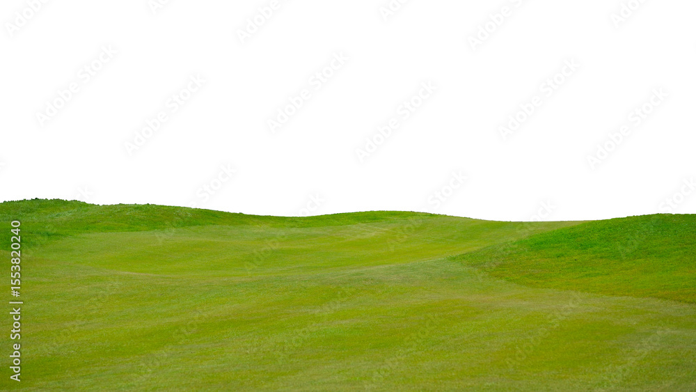 Obraz premium Green fairway under a stark white sky, offering a clean and minimalist composition ideal for design use or conceptual backdrops. The smooth grass and lack of visual clutter.