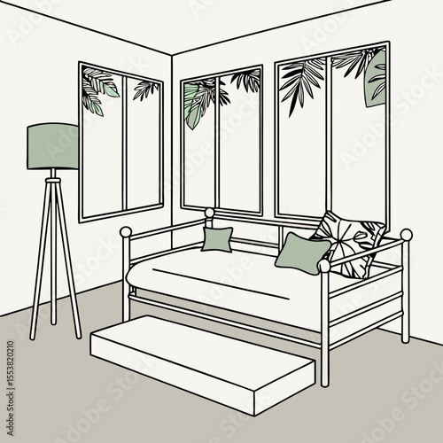 A serene, tropical-themed kids' room with a daybed