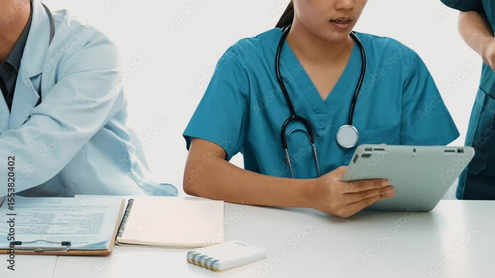 Professional group of medical working and planning medical treatment or healthcare system at hospital table together. Teamwork lead to successful illness and sickness treatment. Slow motion. Rigid. Professional group of medical working and planning medical treatment or healthcare system at hospital table together. Teamwork lead to successful illness and sickness treatment. Slow motion. Rigid.