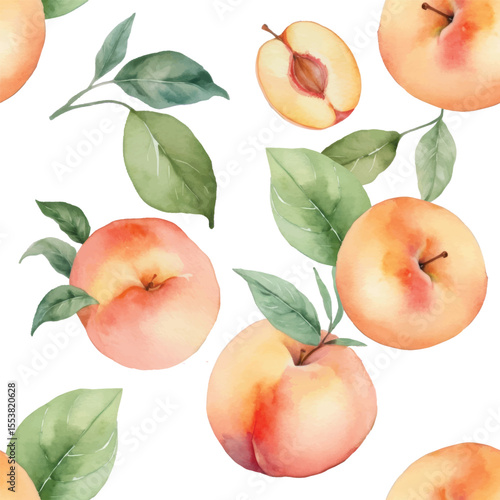  Seamless Watercolor Peaches and Leaves Vector Pattern.