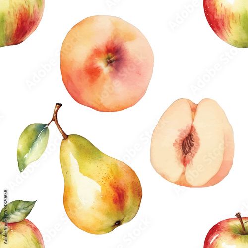 Seamless Watercolor Fruits Pattern: Apple, Peach, Pear.
