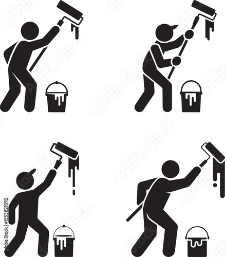 Four stick figures painting walls with paint rollers and buckets