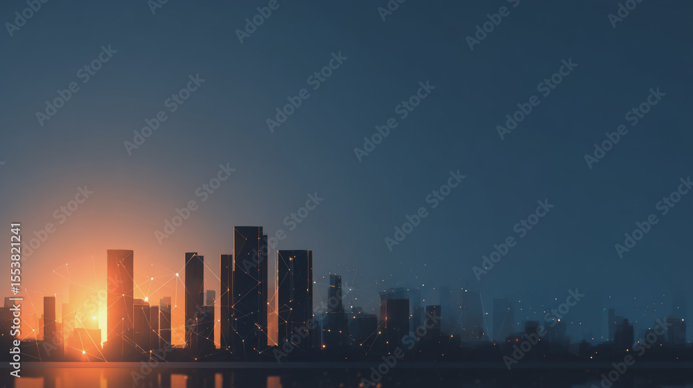 Fototapeta premium Smart city with connection network reciprocity over the cityscape social media networking systems that connects on the peak of success amid tall, innovative Smart city and graphs with statistics