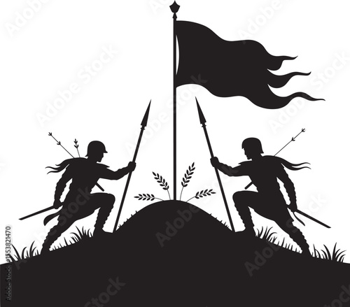 Two warriors with spears and swords stand on a hill beneath a waving flag