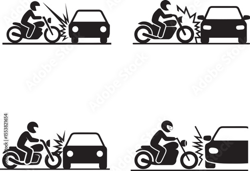 Motorcycle and car collision icons showing impact and accident scenes
