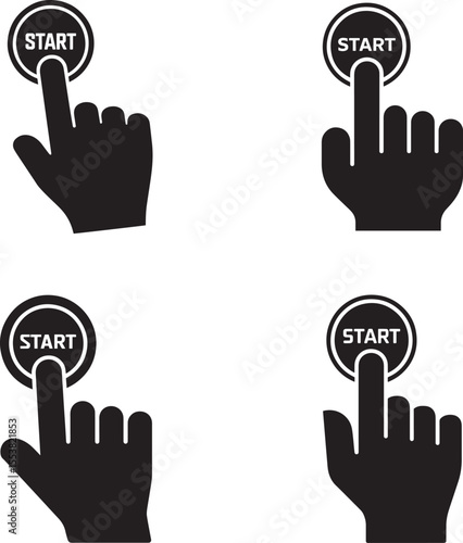 Four black icons of a hand pressing a circular start button