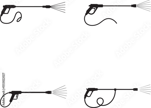 Set of four black silhouette icons of pressure washer guns spraying water