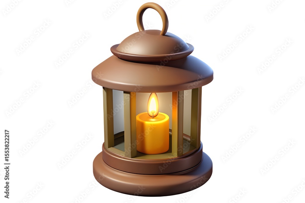 Stylized 3d rendering of a brown lantern with a lit yellow candle Stylized 3d rendering of a brown lantern with a lit yellow candle
