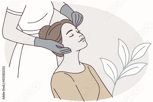 Peaceful woman receives gentle face massage by a cosmetologist ensuring hygiene with gloves.