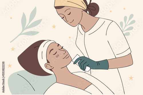 Gloved skincare expert performing a calming and rejuvenating face massage on a serene woman.