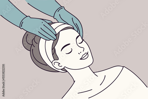 A young woman enjoys a relaxing face massage from a professional beautician wearing protective gloves.