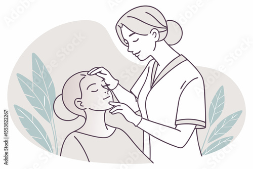 Cosmetologist wearing gloves provides a rejuvenating face massage to a calm young woman.