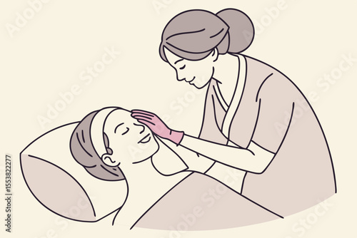 Tranquil beauty care moment with a soft facial massage provided by an expert in gloves.
