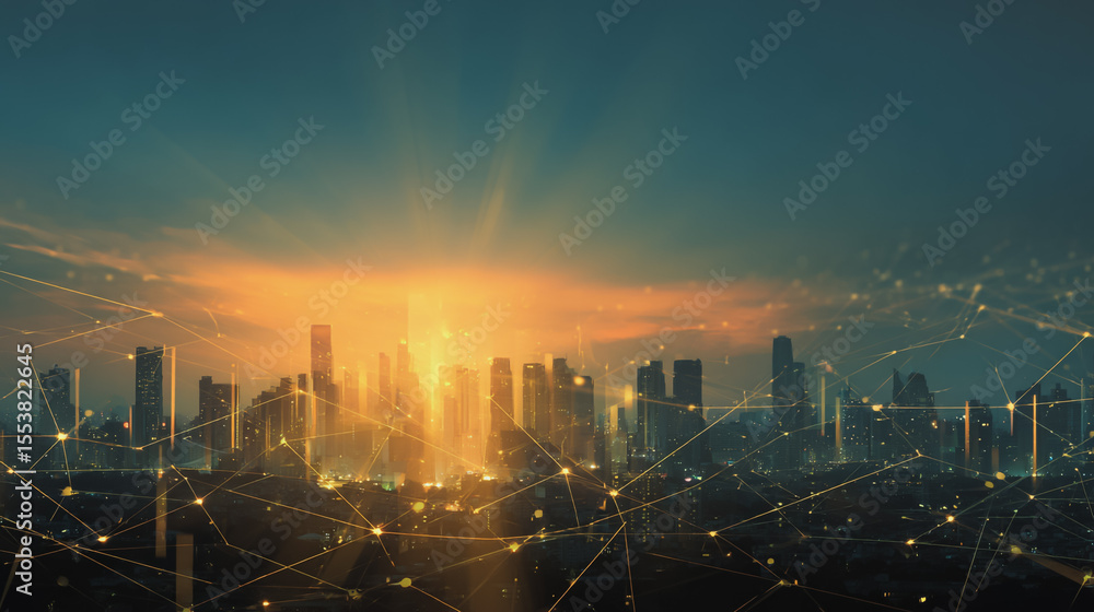 Fototapeta premium Smart city with connection network reciprocity over the cityscape social media networking systems that connects on the peak of success amid tall, innovative Smart city and graphs with statistics to a