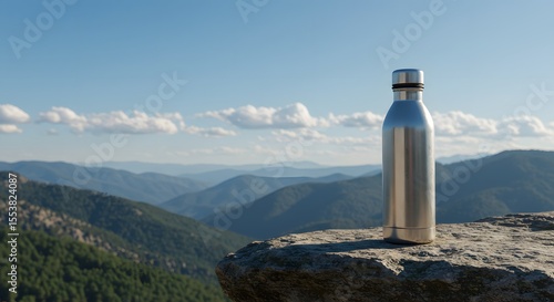 Stainless steel water bottle placed on a large rock overlooking a scenic mountain landscape under natural daylight