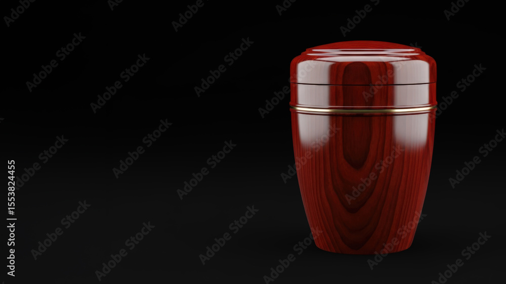 A dark wood urn, a cremation container for human ash, standing upright against a dark background for memorial service. A dark wood urn, a cremation container for human ash, standing upright against a dark background for memorial service.
