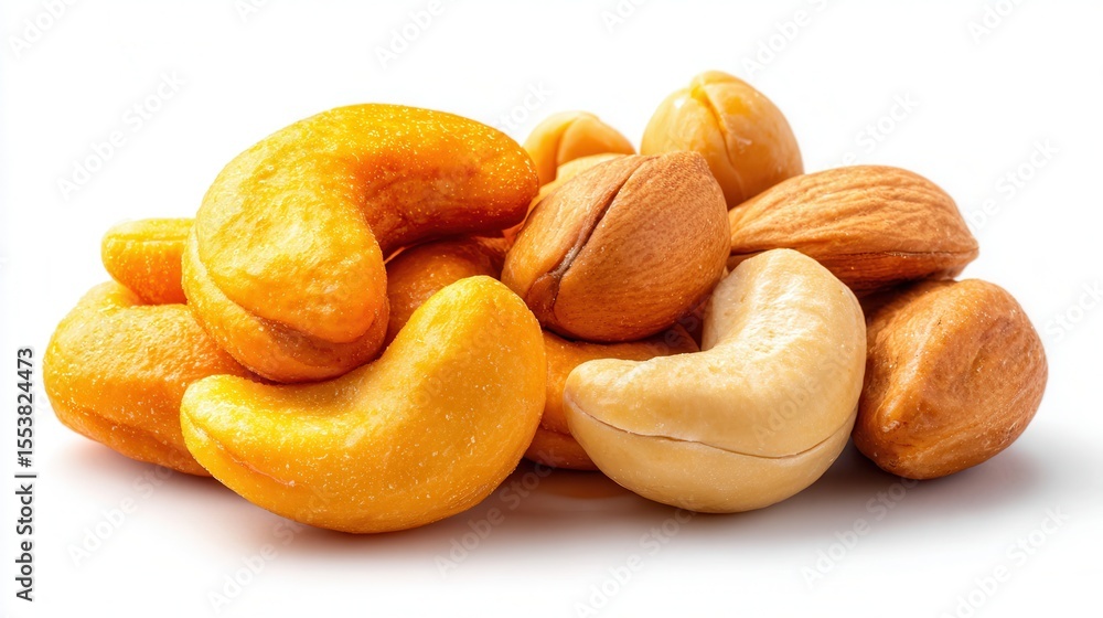 Fototapeta premium A close-up image of a colorful assortment of cashews and almonds, showcasing their textures and shapes, Ideal for health blogs, snack promotions, or culinary presentations,