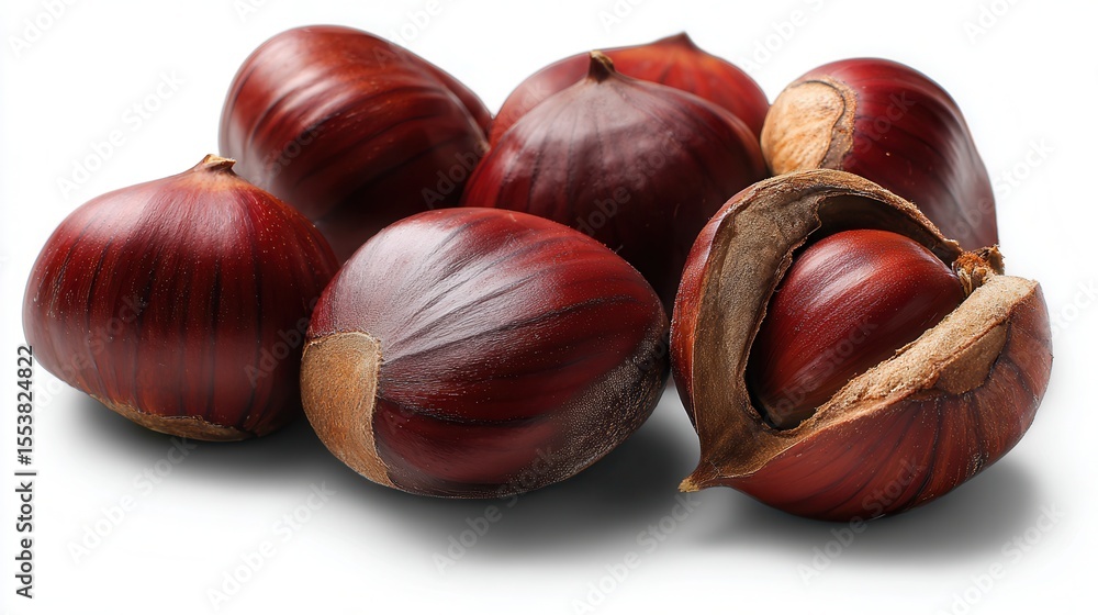 Obraz premium A close-up of freshly harvested chestnuts, showcasing their glossy, brown shells, perfect for food-related projects, autumn-themed marketing, or culinary blogs highlighting seasonal ingredients,