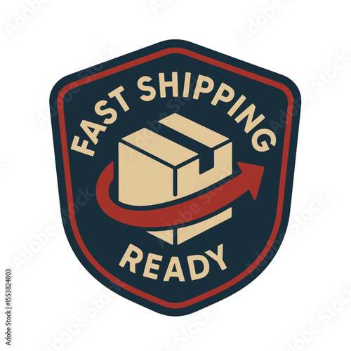 This graphic illustration features a badge indicating fast shipping and quick delivery for online orders. Modern flat vector sticker label with icon and badge style, transparent background
