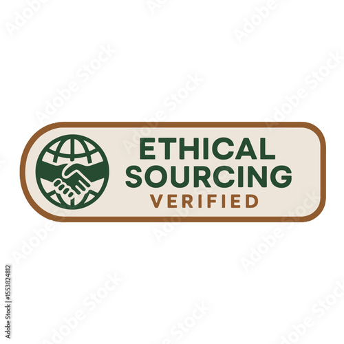 The image shows an ethical sourcing verified badge, promoting sustainable and responsible business practices. Modern flat vector sticker label with icon and badge style, transparent background