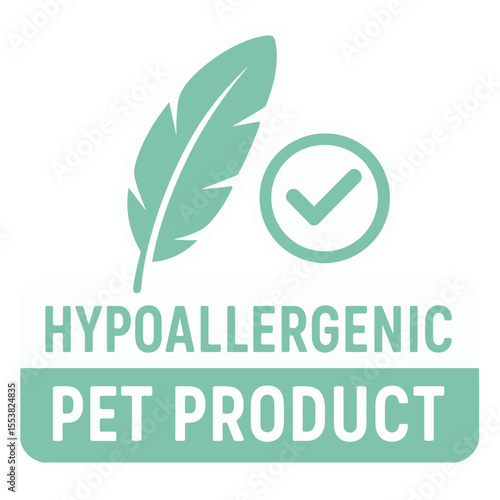 This logo signifies a hypoallergenic pet product with a feather and check mark. Modern flat vector sticker label with icon and badge style, transparent background