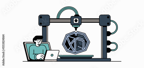 designer using laptop to control a 3d printer, vector illustration for additive manufacturing, rapid prototyping and digital fabrication technology
