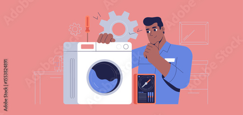 appliance repair technician diagnosing a broken washing machine, vector illustration for home service, household maintenance and equipment fixing
