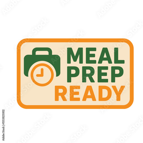 Meal prep ready graphic with a suitcase and clock, ideal for healthy eating. Modern flat vector sticker label with icon and badge style, transparent background