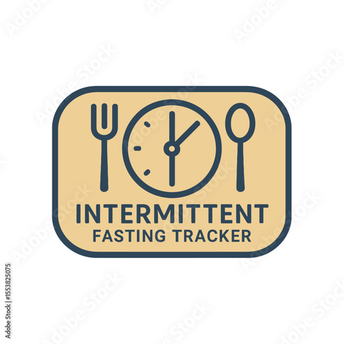 Intermittent fasting tracker design with clock, fork, and spoon icons. Modern flat vector sticker label with icon and badge style, transparent background