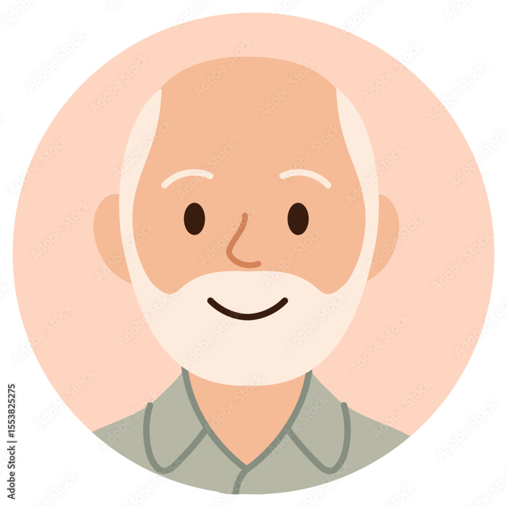 Cartoon avatar of smiling senior man with white hair and beard isolated on pastel background Cartoon avatar of smiling senior man with white hair and beard isolated on pastel background