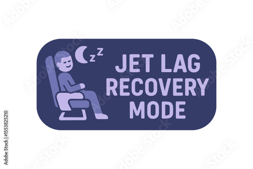 A person relaxing in a seat symbolizing jet lag recovery mode during travel for a vacation. Modern flat vector sticker label with icon and badge style, transparent background
