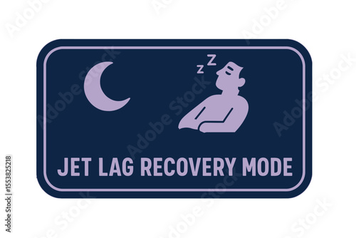 Jet lag recovery mode icon featuring a person sleeping in a chair under a crescent moon. Modern flat vector sticker label with icon and badge style, transparent background