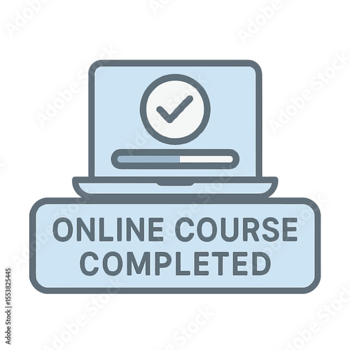 A digital icon depicting the successful completion of an online course. Modern flat vector sticker label with icon and badge style, transparent background