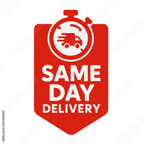 The same-day delivery graphic shows a truck inside a stopwatch, ready to deliver your order quickly. Modern flat vector sticker label with icon and badge style, transparent background
