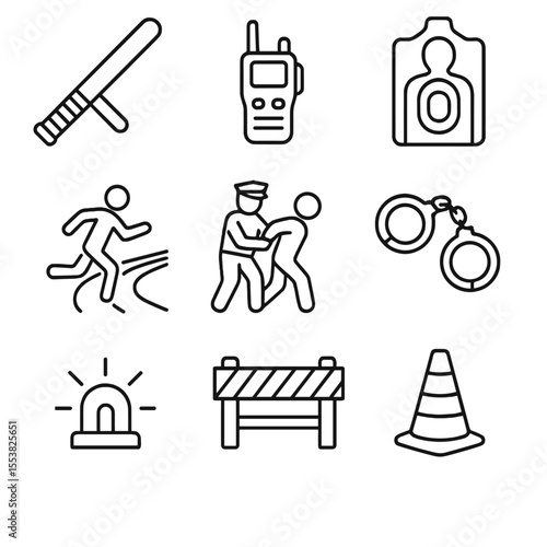 Police Academy Icons. Outline style icons of Police Academy Drill: baton, radio call, shooting range target, running track, arrest
