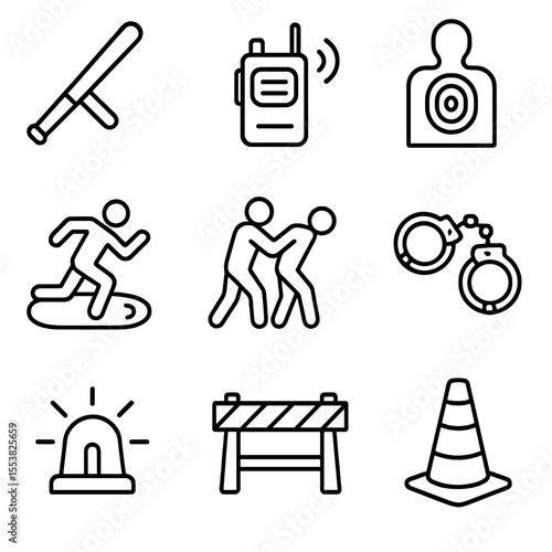 Police Academy Icons. Outline style icons of Police Academy Drill: baton, radio call, shooting range target, running track, arrest