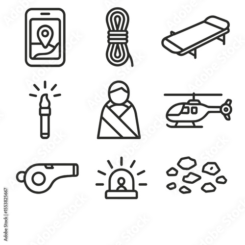 Rescue Equipment Icons. Outline style icons of Search & Rescue Drill: GPS tracker, rescue rope, stretcher icon, flare signal,