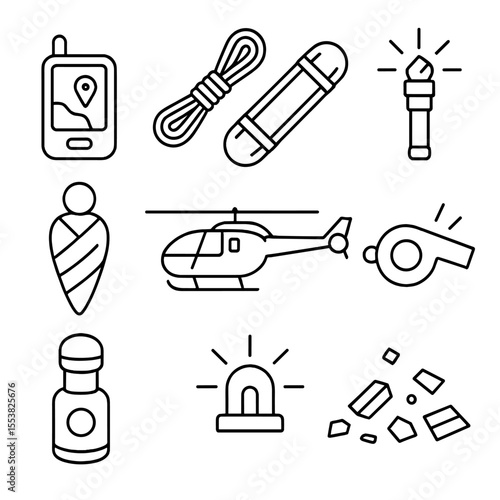 Rescue Equipment Icons. Outline style icons of Search & Rescue Drill: GPS tracker, rescue rope, stretcher icon, flare signal,