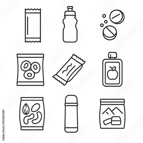 Trail Running Nutrition Icons. Outline style icons of Trail Running Nutrition: energy bar, hydration bottle, electrolyte tablet,
